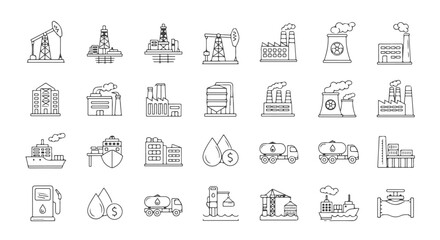 Energy and fossil fuel infographic elements. A line icon set for visualizing the oil and gas supply chain, from resource extraction to consumption.

