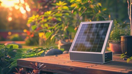 A solar panel on a wooden surface with plants in the background during a sunny day outdoors