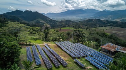 Aerial view of solar panels in a field with mountains in the background on a cloudy day landscape