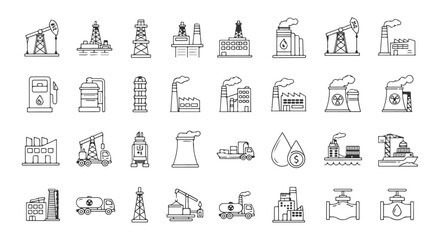 Oil extraction and production line icons. A set of symbols representing the upstream energy sector, including onshore pumpjacks and offshore rigs.

