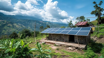 Stone building with solar panels on roof in a rural landscape under a partly cloudy sky on a sunny day