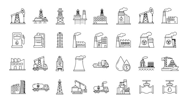 Oil extraction and production line icons. A set of symbols representing the upstream energy sector, including onshore pumpjacks and offshore rigs.

