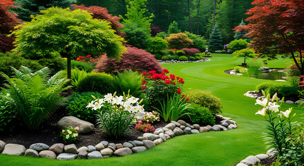 Fototapeta premium Discover serenity in this meticulously manicured Japanese garden featuring vibrant red roses, elegant white lilies, lush ferns, and gracefully curved lawns leading to a tranquil pond.