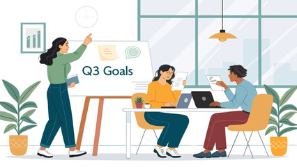 Diverse business team collaborating on Q3 goals, perfect for presentations or website banners.