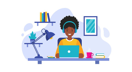 Happy young woman working from home on laptop, perfect for website banners or blog posts about remote work.