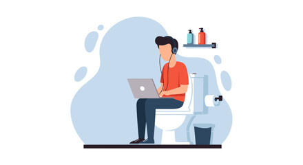 Man working on laptop while sitting on toilet, perfect for illustrating work-life balance or remote work challenges.