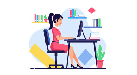 Young woman working at her desk, perfect for websites, presentations, or brochures related to work, business, or office life.