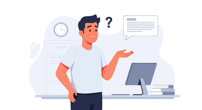 Confused man looking at computer screen, questioning document - perfect for website design or blog post about problem-solving.
