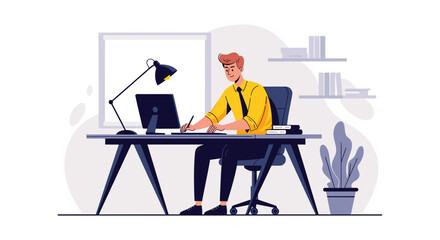 Illustration of a designer working at his desk, perfect for websites and marketing materials about design, creativity, and productivity.