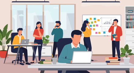 Busy Office Workers Collaborating, Perfect for Website Landing Pages or Business Brochures