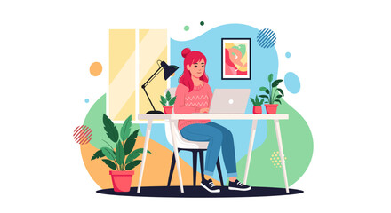 Young woman working from home on laptop, perfect for blog posts about remote work or productivity.