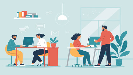 Modern office illustration: Diverse team collaborating on projects, ideal for website banners or presentations.