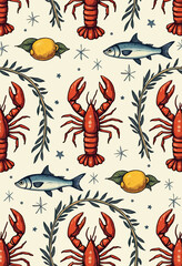 A charming and rustic seamless pattern with detailed illustrations of lobsters, fish, and lemons, perfect for a coastal kitchen or seafood restaurant decor.
