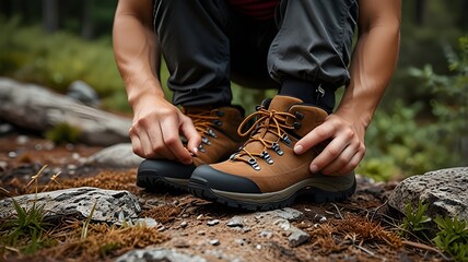 Hands tying the laces of hiking boots before an adventure 