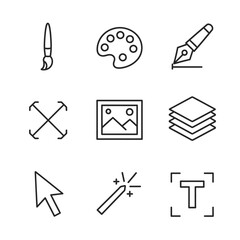 Obraz premium Line art icons for graphic design software: Paintbrush, layers, cursor, wand and more, Simple line style graphic design software tool icons for stock images and websites