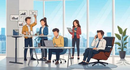 Diverse team collaborating in a modern office, perfect for illustrating teamwork and business success.