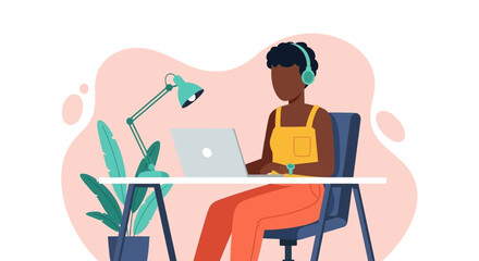 Black woman working from home on laptop, perfect for remote work, freelance, or online business blogs and websites.