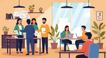 Diverse team collaborating in a modern office, perfect for illustrating teamwork and productivity on your website or brochure.