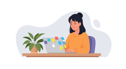 Obraz premium Young woman working on laptop with sticky notes, perfect for productivity, remote work, or freelance concepts.