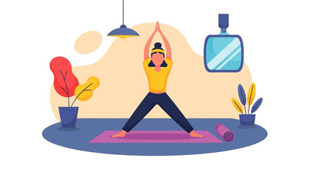 Woman practicing yoga at home, perfect for wellness websites or brochures.