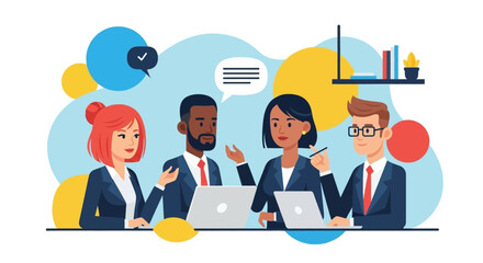 Diverse business team collaborating on laptops, ideal for websites, presentations, and marketing materials.