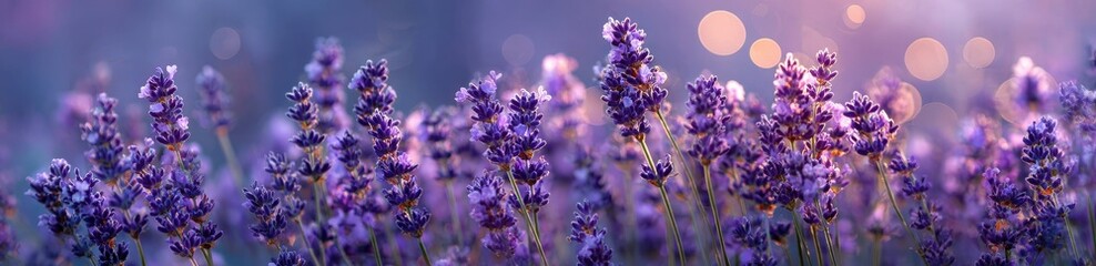Obraz premium Lavender field in soft focus, vibrant purple blossoms against a dreamy backdrop of bokeh