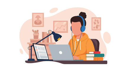 Person studying online at home with laptop, headphones and books. Perfect for online education, e-learning websites and blogs.