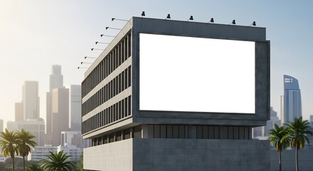 Obraz premium A large, blank billboard screen is prominently displayed on the side of a modern concrete building in a city, with skyscrapers and palm trees visible in the background under a bright sky