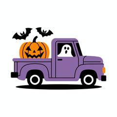 Purple halloween truck carrying pumpkin and ghost isolated on white background