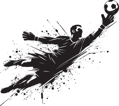 Artistic depiction of a diving soccer goalkeeper in monochrome with splattered ink elements, highlighting agility and motion.