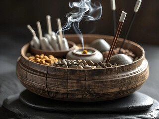 Fototapeta premium traditional ritual with natural herbal concoctions in circular wooden containers combined with incense and miniature spiritual symbols