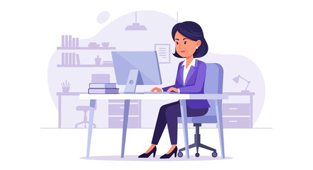 Businesswoman working on computer in modern office - perfect for website banners, brochures, or presentations.