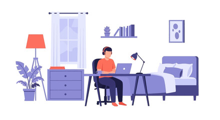 Man working from home on laptop, ideal for remote work, freelance, and work-life balance illustrations.