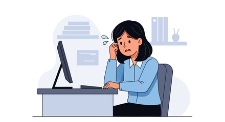 Worried businesswoman at her desk, perfect for illustrating stress, deadline pressure, or workplace anxiety in articles or presentations.