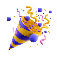3d icon of a festive party popper explodes with colorful confetti, streamers, and balls, isolated on a transparent background