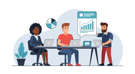 Diverse team collaborating on project, analyzing data and charts. Perfect for business presentations, reports, and websites.