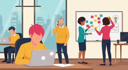Diverse team collaborating in a modern office, perfect for illustrating teamwork and brainstorming.