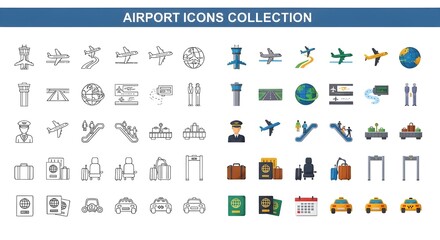 Aviation and airport services icons. A comprehensive collection of symbols for control tower, runway, passport control, luggage claim, and security check.

