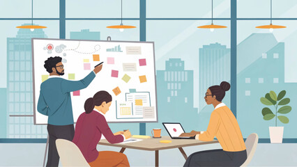 Obraz premium Diverse team brainstorming ideas on whiteboard in modern office, perfect for project management or teamwork landing page.