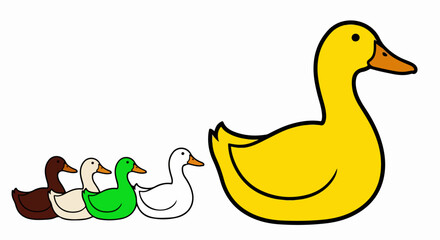 Colorful Cartoon Ducks: Mother Duck and Four Ducklings in Brown, Beige, Green, and White