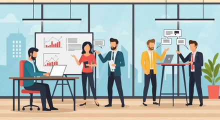 Business team brainstorming and working together in a modern office. Perfect for presentations, reports, and website banners.