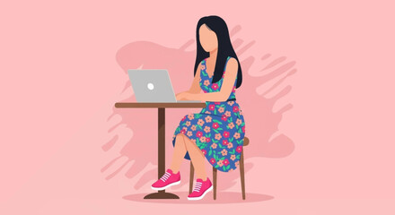 Woman working on laptop at cafe, perfect for website banners or social media posts.