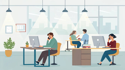 Modern office workers collaborating and working on computers. Ideal for business presentations, website banners, and marketing materials.