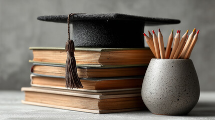 Graduation cap on vintage books with pencils in cup, symbolizing academic success and study.