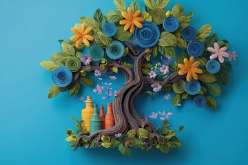A colorful paper tree with blue and yellow flowers, green leaves, and decorative vases in orange and turquoise. The background is a solid blue.