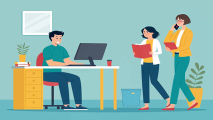 Happy colleagues working in a modern office. Perfect for website banners, brochures, and presentations.