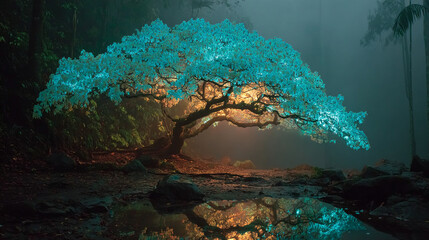 Glowing bioluminescent tree in misty midnight forest with surreal lighting and blue leaves.
