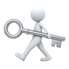3d render of cartoon figure carrying a large key isolated on transparent background