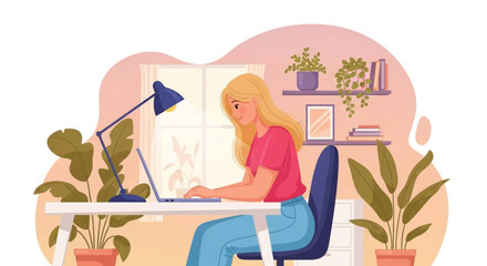 Young woman working from home on laptop, perfect for remote work, freelance, or home office illustrations.