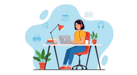 Young woman working from home at her desk, perfect for blog posts about remote work or productivity.